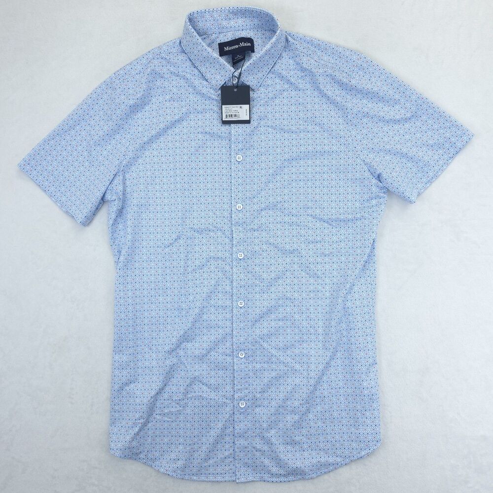 Mizzen+Main Dress Shirt Mens Medium Light Blue Trellus Trim Tall NWT